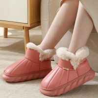 Thick Heeled Women Ankle Boots Waterproof PU Leather Cotton Shoes for Couples New Winter Anti Slip Warm Plush Furry Snow Boot