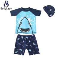 3pcs Baby Boys Shark-patterned Swimsuit Set Tops+shorts + Swimming Hat Children Split Swimsuit Kids Bathing Suit 3-piece Set【fast】