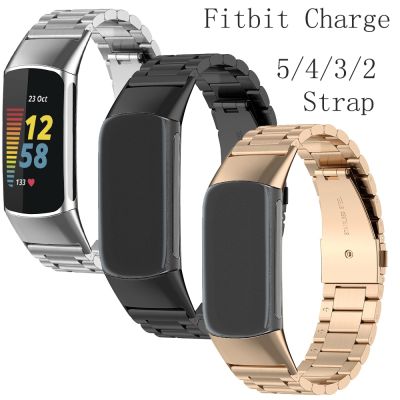 （A creative）สำหรับ Fitbit Charge 5/4/3/2 Atrap Band Charge 5สแตนเลสสตีลโลหะหัวเข็มขัดสายรัดข้อมือ Smartwatch Band สีดำ