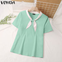 (จัดส่งฟรี)Fancystyle VONDA เสื้อสวมหัวสีพื้นสำหรับผู้หญิงใส่ไปทำงาน,เสื้อสำนักงานแขนแขนสั้นคอกลมแบบทางการ #2