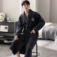 HOT★ฤดูใบไม้ร่วงฤดูหนาว Flannel Thicken Warm ยาว Robe สำหรับชายหลวมชาย S Terry Bath Robe Luxury ชายเย็บปักถักร้อยเสื้อคลุมอาบน้ำของผู้ชาย