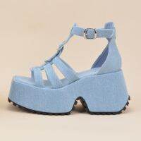 Wedge Buckles Denim รองเท้าแตะแพลตฟอร์มส้นสูงโรมฤดูร้อน Sandalias T-Strap ข้อเท้า Wrap Cross Weave รองเท้าส้นสูง Designer ส้น ~