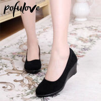 Hot Pofulove Women S Medium Wedge Shoes Black PU High Heel Office Ladies Spring Slip Fashion Mom Oxford Shoes