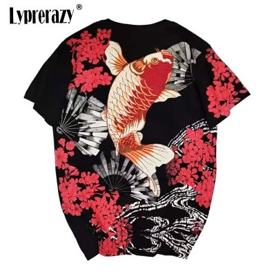 Lyprerazy Mens Japanese Harajuku Ukiyoe Vintage Embroidered T-shirt Embroidery Floral Chinese Style Carp Fish T Shirt