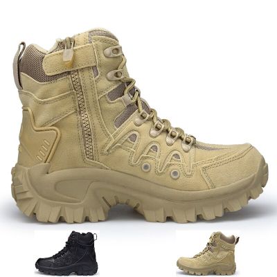 Mens Military Tactical Boots Army Boots Men Side Zipper Military Boots Men Anti-Slip Ankle Boots Work Safety Shoes Hiking Shoes