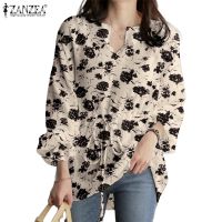 COD dhdfxcz ZANZEA Women Elegant Casual Drawstring Waist V-Neck Long Sleeve Printing Thin Blouse