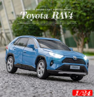 รถ Diecast RAV4โตโยต้า1/24จือควนไฟรถยนต์ของเล่นรุ่นอัลลอยสังกะสีแท้และ Kado Ulang Tahun มีเสียงสำหรับเด็กสะสมแบบจำลองของเล่นของเล่นดึงกลับสำหรับเด็กผู้ชาย