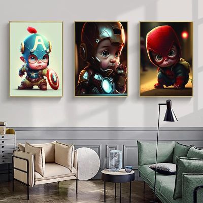 ▧◊ Disney Marvel Super hero kawaii Spiderman iron Man Nordic พิมพ์ Wall art ตกแต่งบ้าน Aesthetic Kids Room โปสเตอร์ภาพวาดผ้าใบ