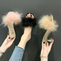 y Mules Sandal Women Summer Outdoor Fashion Slippers Square Toe High Heels Office Ladies Feather Slides Classics Furry Shoes