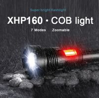 USB ไฟฉายแรงสูง XHP160 COB LED ชาร์จได้พลังงานสูงไฟฉายสวิตช์ท้ายกระบอกไฟฉายกันน้ำไฟส่องตั้งแคมป์ XHP90