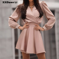 Women Elegant Silk noodles Solid Color Slim Mini Dress Autumn Casual Wrap Long Sleeve Belt Fashion A-Line Short Dress Party