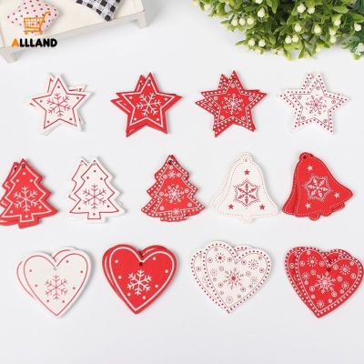 12Pcs DIY Snowflake Printed Heart Shape Wooden Pendants/ Xmas Tree Hanging Ornament/ Christmas Party Decoration Supplies