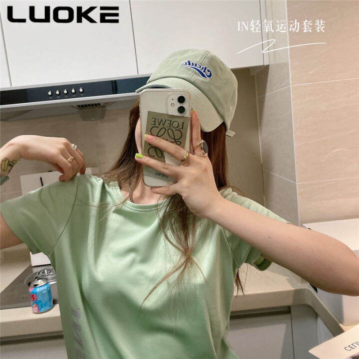 luoke-ฤดูร้อนใหม่เวอร์ชั่นเกาหลีของผู้หญิงระบายอากาศแห้งเร็วกางเกงขาสั้นแขนสั้นผู้หญิงสองชิ้น