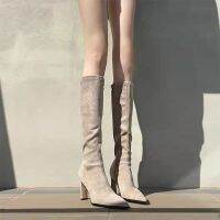 Faux Flock Over The Knee Boots ผู้หญิงแฟชั่นชี้ Toe รองเท้าส้นสูงต้นขาสูงรองเท้าหญิงฤดูหนาว Warm รองเท้ายาว Beige Black