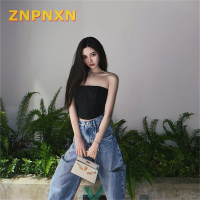 ZNPNXN ปิดไหล่รัดลูกไม้ขึ้น bustier รัดตัว Crop TOP Women เสื้อแขนกุด TOP