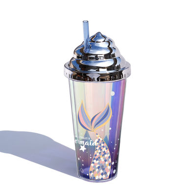 Electroplated Glitter Water Cup with Straw Double-Layer Plastic Creative Carton Mermaid Mug for Milk Coffee Tea Cup Novelty Gift