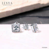 Lenya Jewelry ต่างหูเงินแท้ ดีไซน์คลาสสิค ทรงสี่เหลี่ยมจตุรัส ประดับ SWAROVSKI ZIRCONIA เม็ดกลางขนาด 6 มม. ล้อมด้วย SWAROVSKI ZIRCONIA