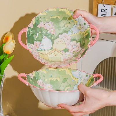 High Beauty Bowl Cartoon Cute Ceramic Bowl with Ears Home Luosifen Dessert Bowl Student Dormitory Instant Noodle Bowl