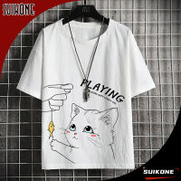 Suikone เสื้อยืดแบบหลวมชายเสื้อการ์ตูนแขนสั้นน่ารักคอกลมทรงหลวมเสื้อยืดคู่แขนห้าและครึ่งแฟชั่นฤดูร้อน