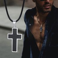 【CW】Cross Necklace Men  Black Carbon Fiber Latin Cross Pendant  Stainless Steel Edges Pendant Gentleman Jewelry