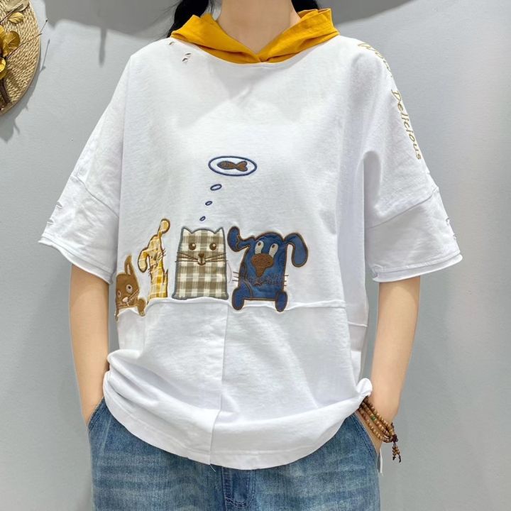 women-summer-fashion-hooded-t-shirt-female-vintage-cartoon-animal-patchwork-embroidery-short-sleeve-casual-loose-cotton-top-tees