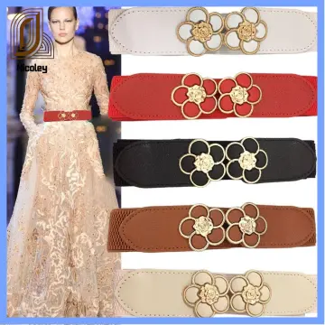 KASURE Stylish Luxury Belts for Female Golden Flower Metal Buckle Woman  Belt with Hole Party Dress Strap Gold Waistband PU Sash