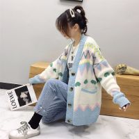 利Gaodinglan Large Size Loose Long Sleeve Women Sweater Korean Lazy Style Cardigans Y2k Print Thick Warm Female Knit Jacket Coats