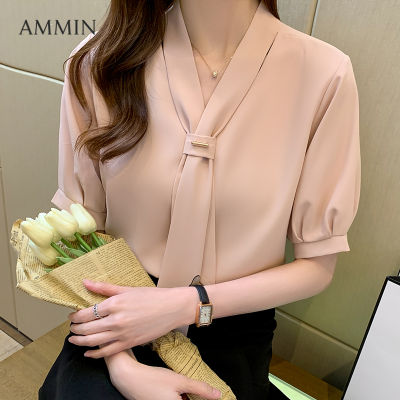 AMMIN 2021ใหม่แขนสั้นสีทึบ Simple เสื้อชีฟองสำหรับแฟชั่นสำหรับผู้หญิงอารมณ์หูกระต่ายเสื้อท่อนบนลายลูกไม้ Lady Cal All-Match เสื้อสตรีคอวี