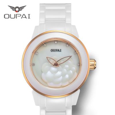 OUPAI นาฬิกาเซรามิคขาวควอตซ์กันน้ำดีไซน์ Relief เปลือกคามิลเลียมาใหม่ล่าสุด2022สำหรับผู้หญิงหรูหราแฟชันและนาฬิกาลำลอง