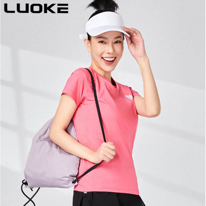 luoke-รอบคอบางกีฬาลำลองเสื้อยืดสตรีฤดูร้อนแห้งเร็วแขนสั้นกลับใต้วงแขนระบายอากาศกีฬาของผู้หญิง