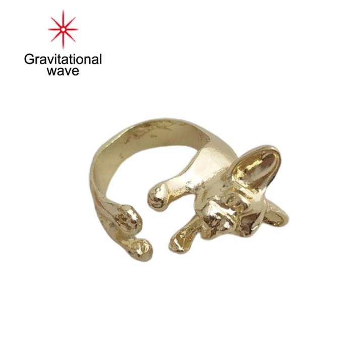 แหวนนิ้วคลื่นแรงโน้มถ่วงรูปร่างประณีตสีสดใส-แหวนแต่งงานบูลด็อกฝรั่งเศสวินเทจทำจากอัลลอยด์สำหรับผู้หญิงแหวนสัตว์แนวเรโทร