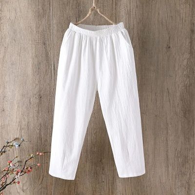 ‘；’ Fashion Cotton Linen Harem Pants Women Summer Loose  4XL Solid Color Pants High Waist Elastic Female Ankle-Length Pants