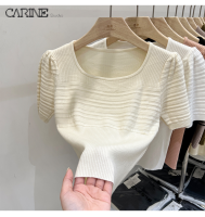 CARINE เสื้อยืดถักสำหรับผู้หญิงเสื้อสเวตเตอร์เสื้อแขนสั้นมีปกสี่เหลี่ยมเก๋ไก๋สไตล์เกาหลีเสื้อยืดสำหรับผู้หญิง