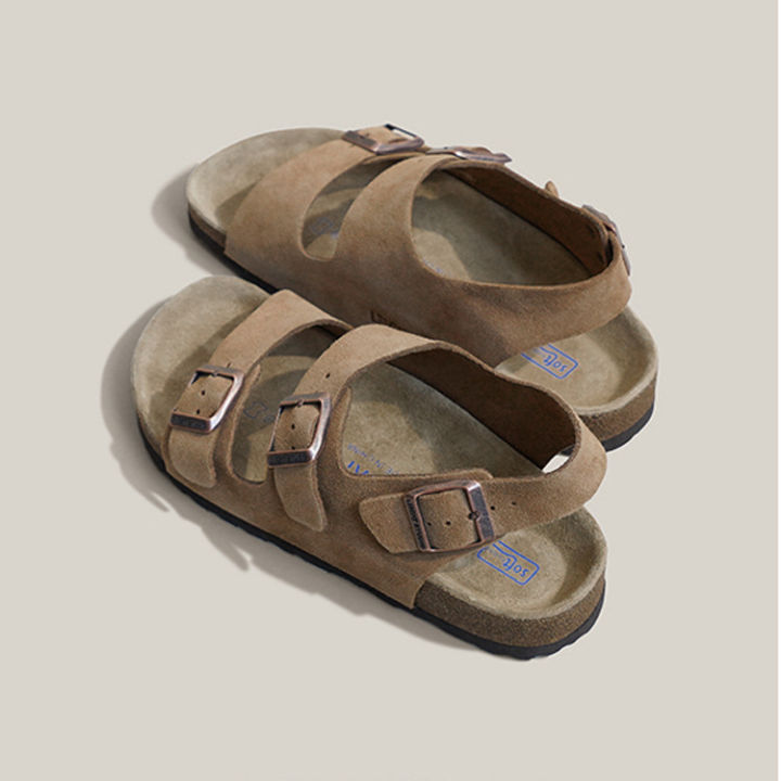 รองเท้าแตะหนังวัวเต็มรูปแบบสำหรับผู้หญิงรองเท้าแตะชายหาดหนังไม้ก๊อกย้อนยุคใส่สบายสำหรับฤดูร้อน2023