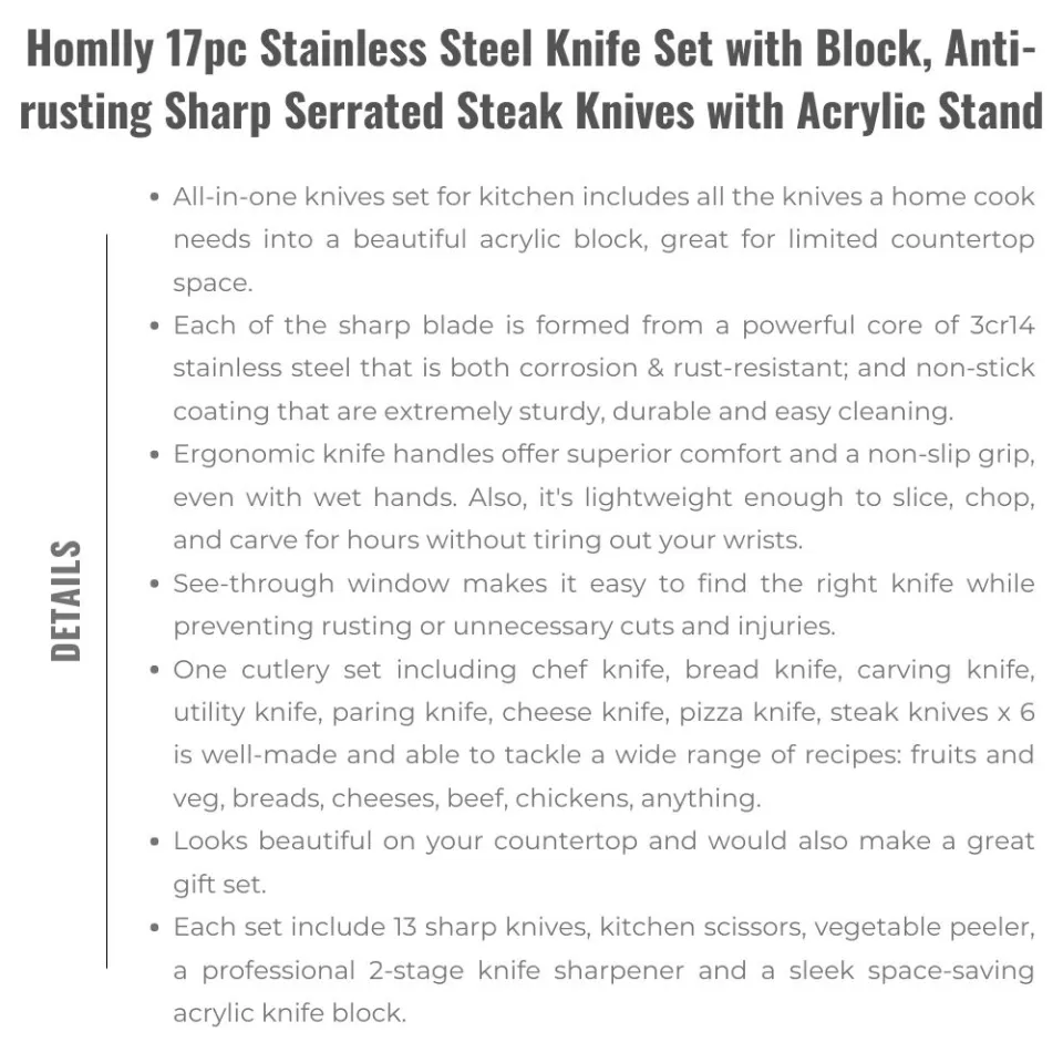 Homlly 17pc Stainless Steel Knife Set with Block, Anti-rusting Sharp  Serrated Steak Knives with Acrylic Stand