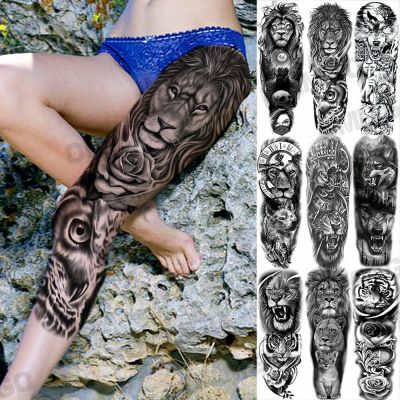 hot！【DT】✥▥◙  Temporary Tattoos Men Adults Fake Tiger Mechanical Wolf Sticker Thigh Tatoos