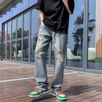 ✼⊕◘ Korean version trend mens straight ripped jeans fashion denim long pants casual vintage trousers square maong pants for men