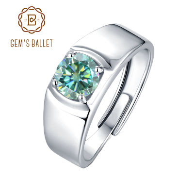 GEMS BALLET 925เงินสเตอร์ลิงผู้ชายแหวนหมั้น1.0Ct 6.5มิลลิเมตรสีเขียว Moissanite ปรับแหวนของขวัญวันพ่อ