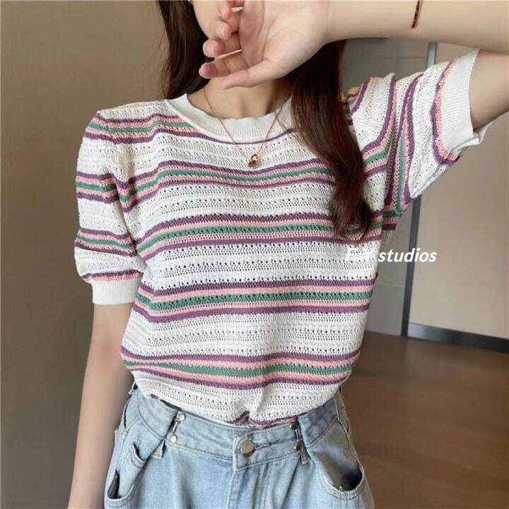 𝙁.𝙔 𝙨𝙩𝙪𝙙𝙞𝙤𝙨 🌸(พร้อมส่ง‼️)🌸NO.177 เสื้อยืดแขนสั้น ผ้าถักลายทาง สไตล์ ...