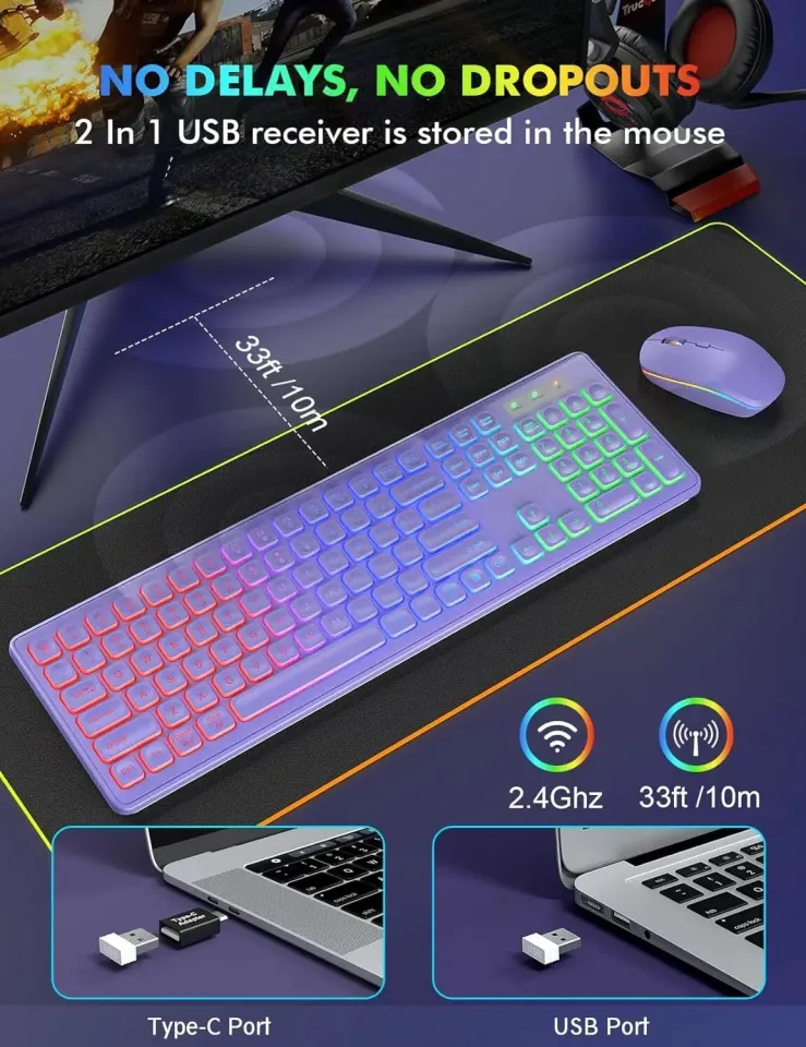 Wireless Keyboard and Mouse Combo Rechargeable, Full Size Wireless Keyboard  with Backlit, 2.4G Silent USB Wireless Keyboard Mouse Combo [with USB C