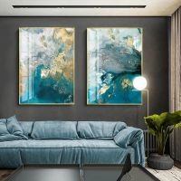 Abstract Watercolor Blue Golden Rendering Modern Decorative Picture Canvas Wall Art Poster for Living Room Office Decor