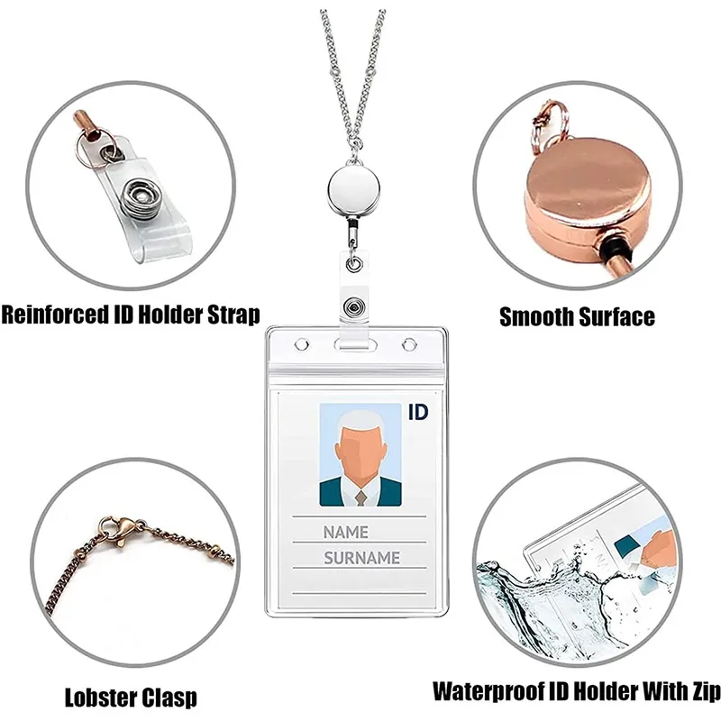 Retractable Badge Reel Lanyard ID Card Holders Stainless Steel Chain  Necklaces Keychain Clip for Women Men Employee Wholesale