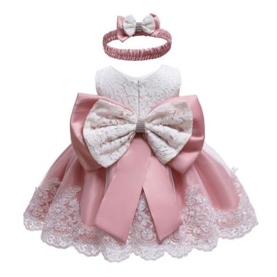 Baby Dress Lace Christening Gown Baptism Clothes Headband Newborn Kids Birthday Princess Infant Party Costume E8348