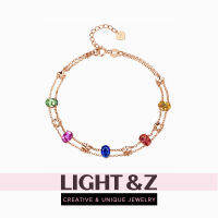 LIGHT &amp; Z สร้อยข้อมือสตรีสไตล์เกาหลียอดนิยมสีสดใสนำโชคประดับเพทายสี่ใบโคลเวอร์เครื่องประดับแฟชั่นโรสโกลด์คู่