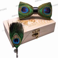 JEMYGINS original bow tie peacock feather handmade leather bow tie brooch pine gift set wedding party mens suit Bowtie Necktie Nails Screws Fasteners