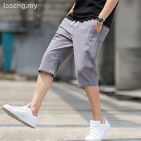 CODkuo0186 ↂ❁☁100 Cotton Fashion Mens Pants 3/4 Cropped Loose Plain Linen Casual Short Chinos Man Brand Straight Clothing Plus Size seluar pendek lelaki