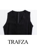 TRAFZA Elegant Woman Slim Lace up Split Asymmetric Hem Dress Women Sexy Sleeveless V-neck Waist Tied Black Wrap Midi Dress