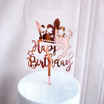 Crown Happy Birthday Cake Topper Cake Insert Decorating Acrylic Rose Gold Topper Cupcake Flag