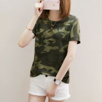 COD DSFERTRETRE 【3014】Korean Womens Summer Cool Retro Camouflage Clothing Printing Army Green Camouflage Tops Tshirt