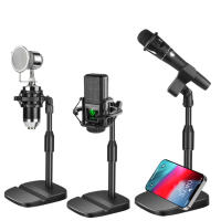 ขาตั้งไมโครโฟนตั้งโต๊ะแบบปรับได้ Enhanced Tabletop Mic Stand พร้อมฐานสำหรับโทรศัพท์และแท็บเล็ตสำหรับการสตรีมเกมสด